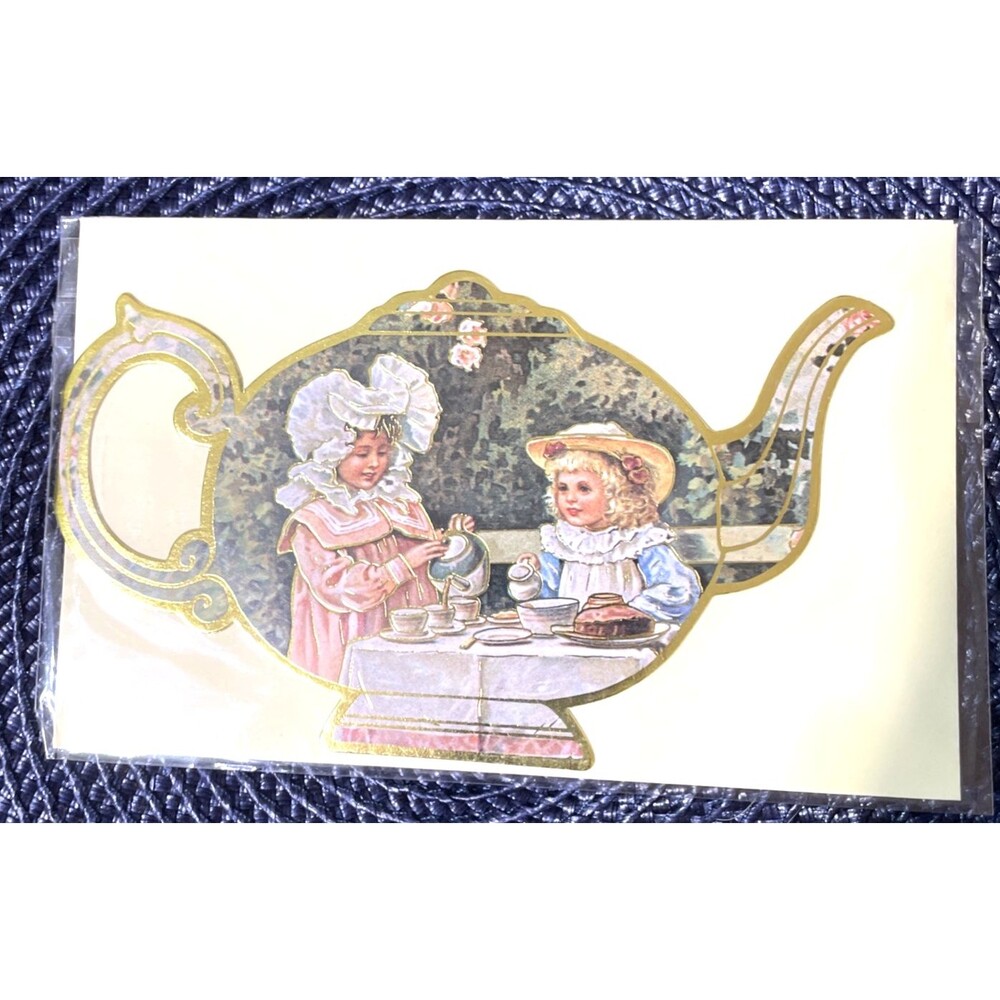 Vintage Victorian Style Card w/Envelope Tea Pot Children Tea Time